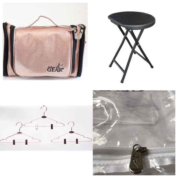 Accessory Bundle (Stool w/cover, Cosmetics Bag, Transparent Long Garment Bag, and 3 Metal Hangers) - Glamr Gear